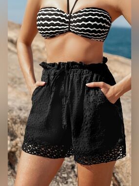 Cupshe Black Eyelet Pull On Shorts Swim Beach Lined Cover Up NWT XS